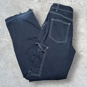 Black Grunge Cargo Pants Contrast Stitch Workwear Utility Pockets Frayed Sz 2